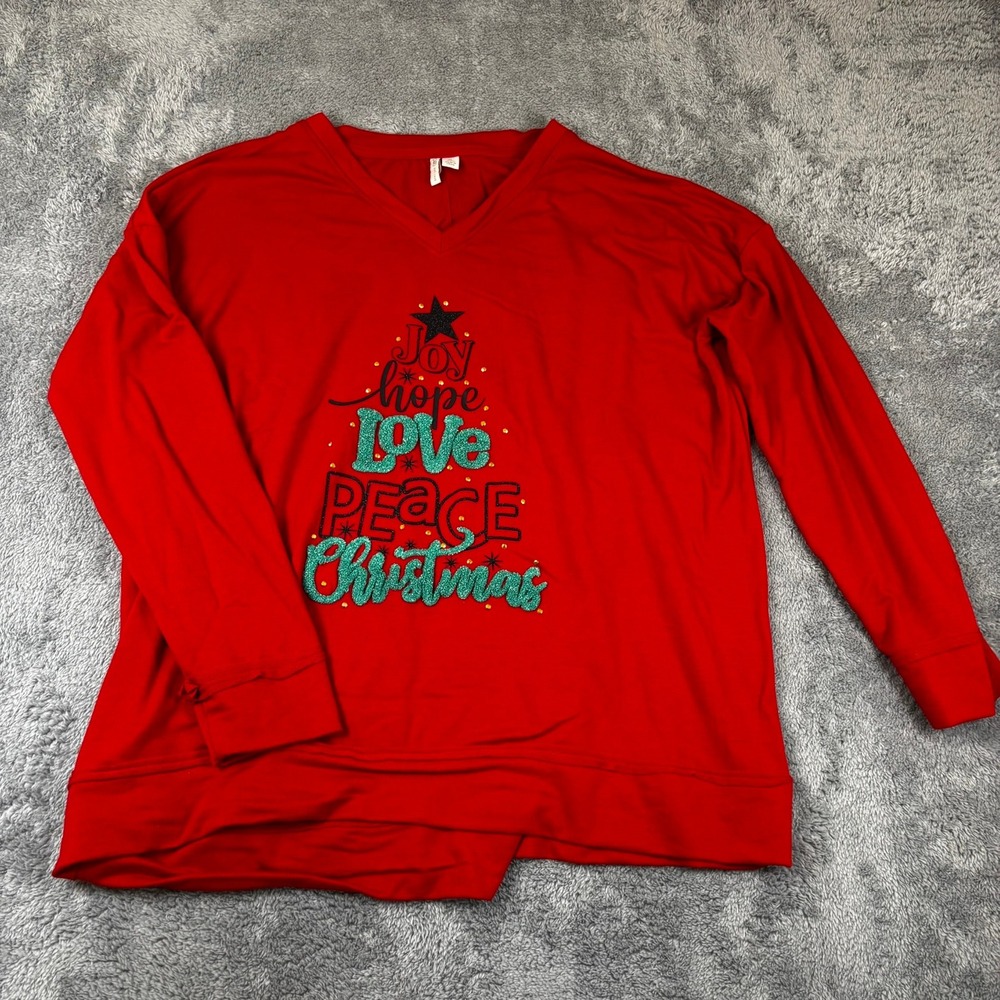 Cato Red Christmas Tree Graphic V-Neck Top XL Joy Hope Love Peace Sparkle